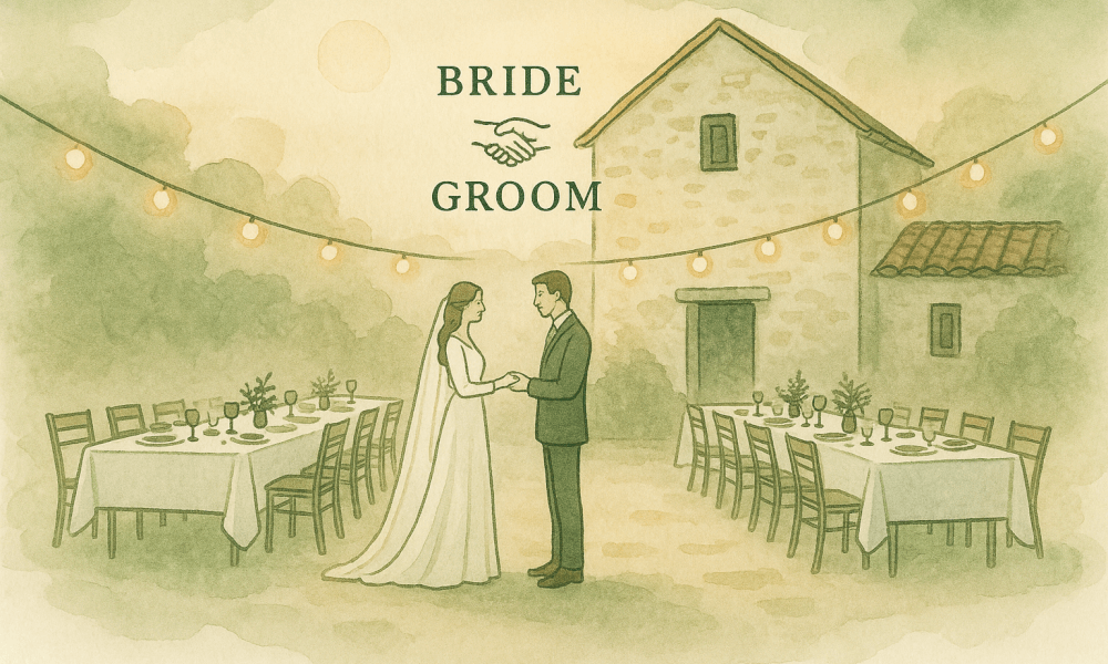 Cérémonie de mariage romantique dans un gîte en pleine nature, décor floral et ambiance chaleureuse.