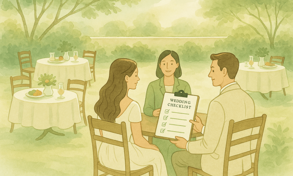 Cérémonie de mariage en plein air avec des invités souriants célébrant la journée de mariage.