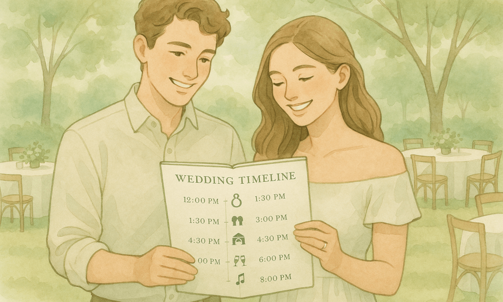 An outdoor wedding ceremony highlighting the decorations and the happy couple on their wedding day.