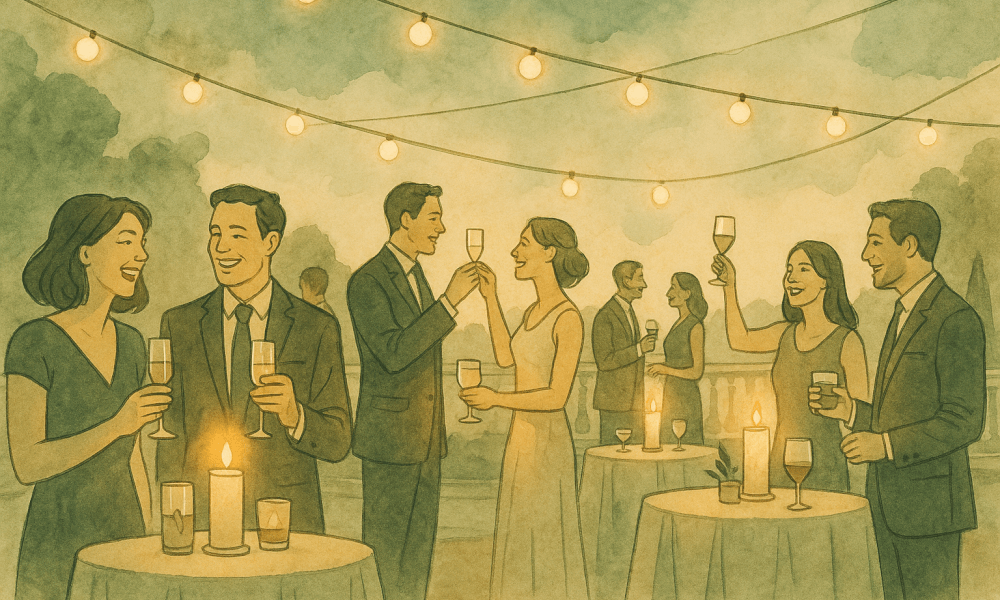 Cocktail de mariage avec des décorations florales et des verres raffinés présentés sur une table festive.