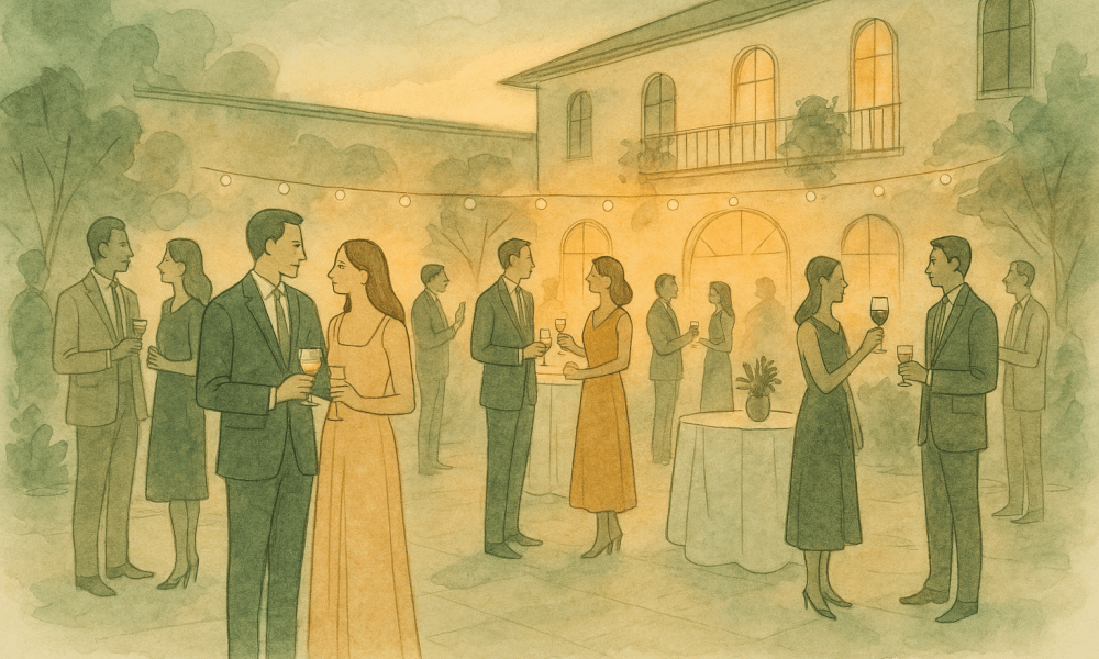 An elegant wedding cocktail served at a reception, with decorated glasses and a festive atmosphere.