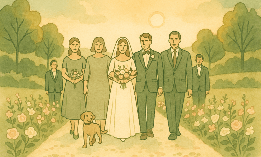 Cortège de mariage élégant avec des voitures décorées et des invités célébrant l'événement.