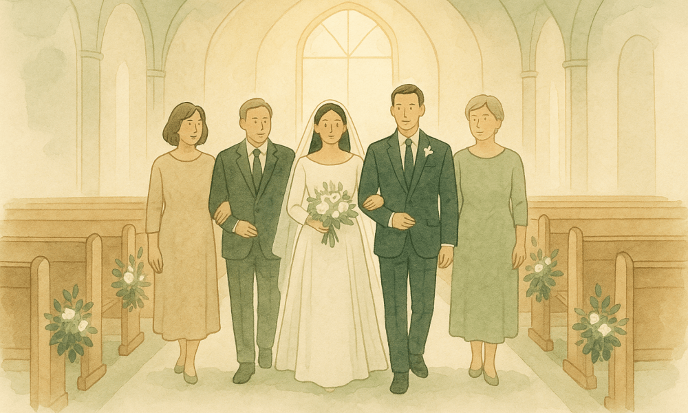 Cortège de mariage élégant défilant dans une rue, célébrant les noces avec joie et style.