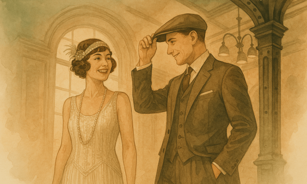 Image d'un mariage inspiré par Peaky Blinders avec des costumes vintage et une ambiance des années 1920.