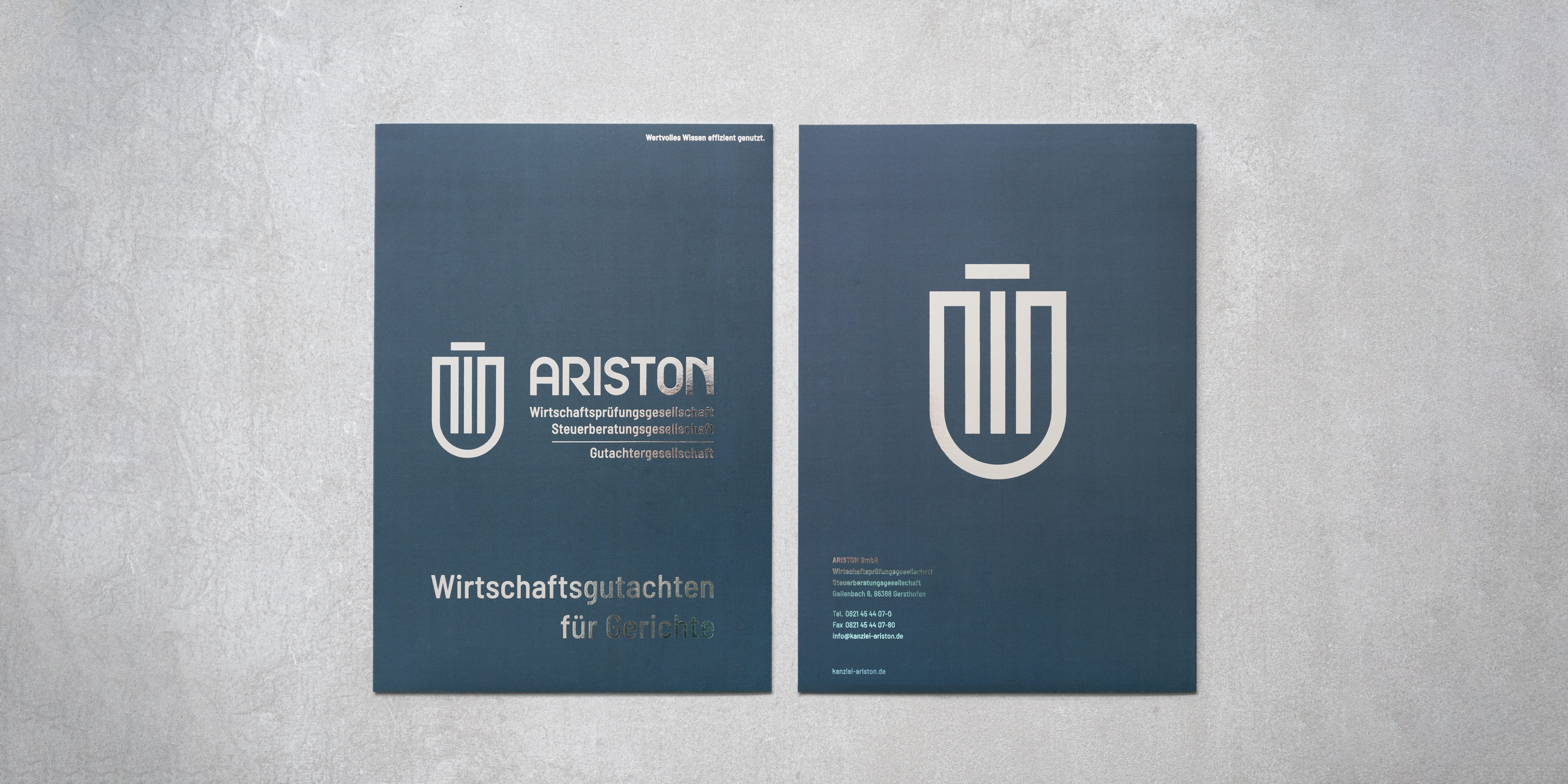 Geschlossener Firmenflyer von Ariston auf grauem HIntergrund. Links die Rückseite des Flyers: das ARISTON-Logo mit silbernem veredeltem Schriftzug, darunter „Wirtschaftsgutachten für Gerichte“. Rechts das Logo, mit silbernem Foliendruck veredelt, grossflächig ohne Text.