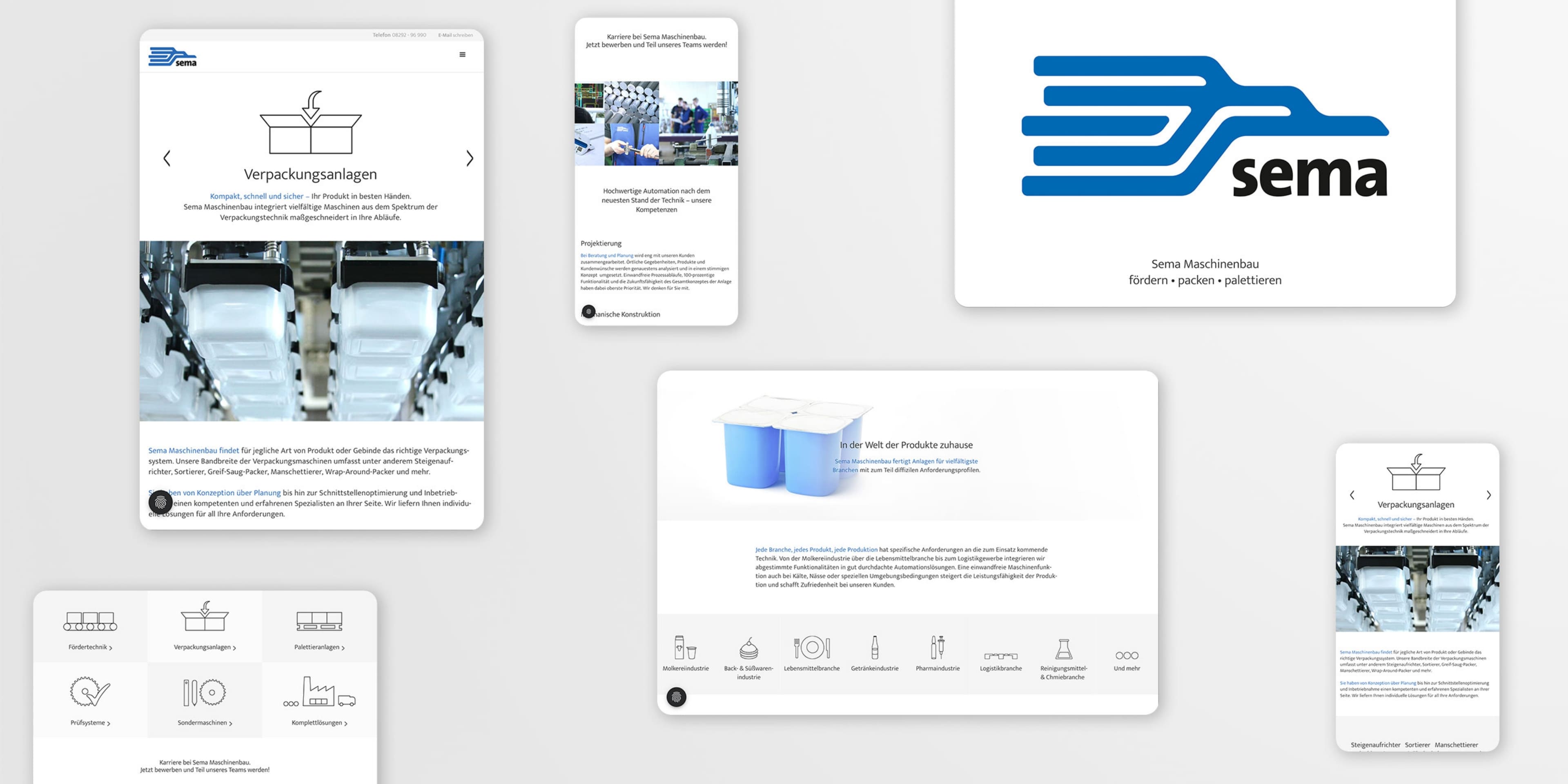 Website-Komposition mit mehreren Screenshots zu Sema Maschinenbau, darunter Verpackungstechnik, Branchenlösungen, Logo und Navigationselemente.