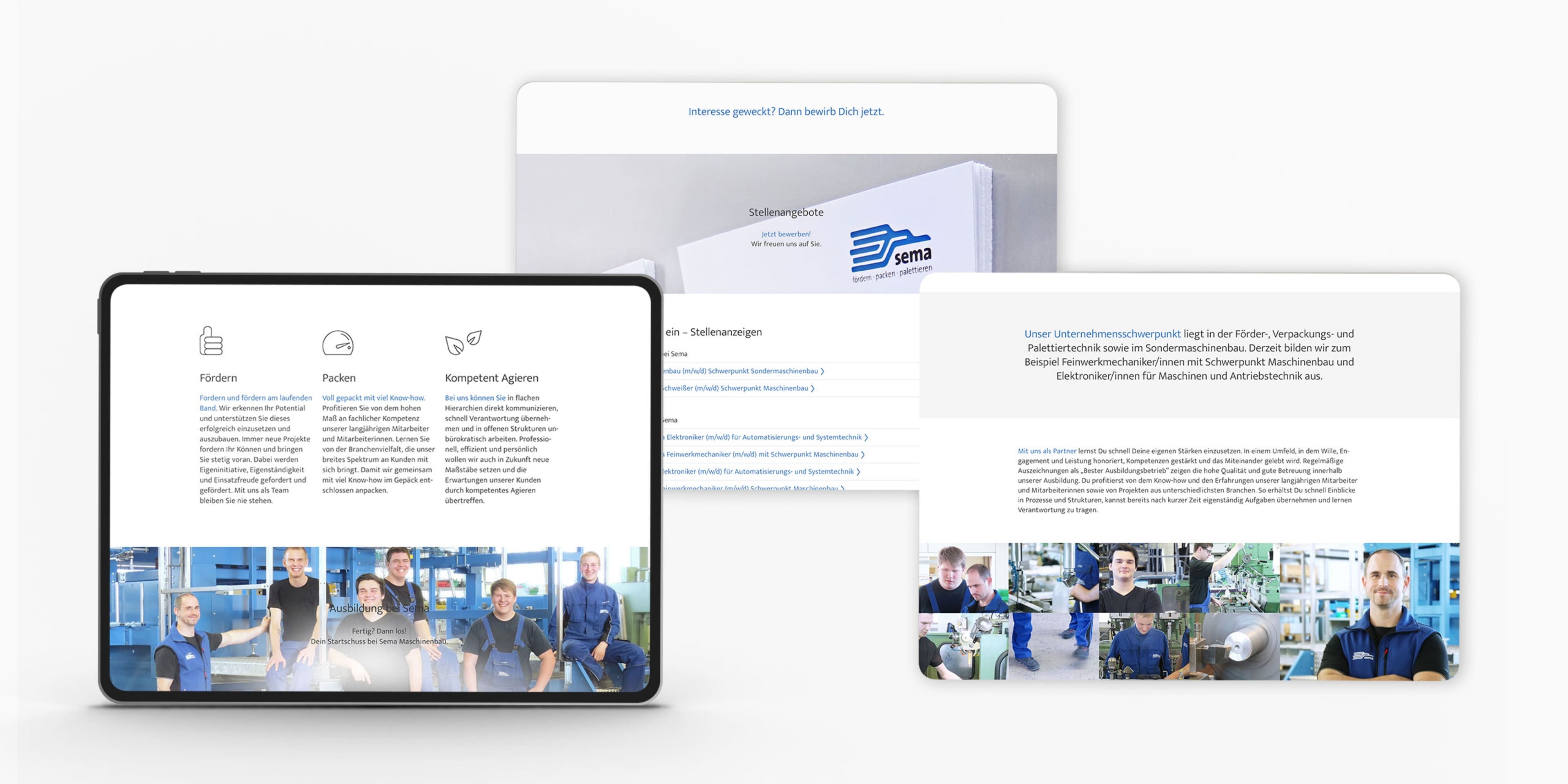 Tablet-Ansicht mit Sema-Website Karrierebereich – Ausbildung, darüber Stellenangebote und Text über Unternehmensschwerpunkte, mit mehreren Fotos des Teams.
