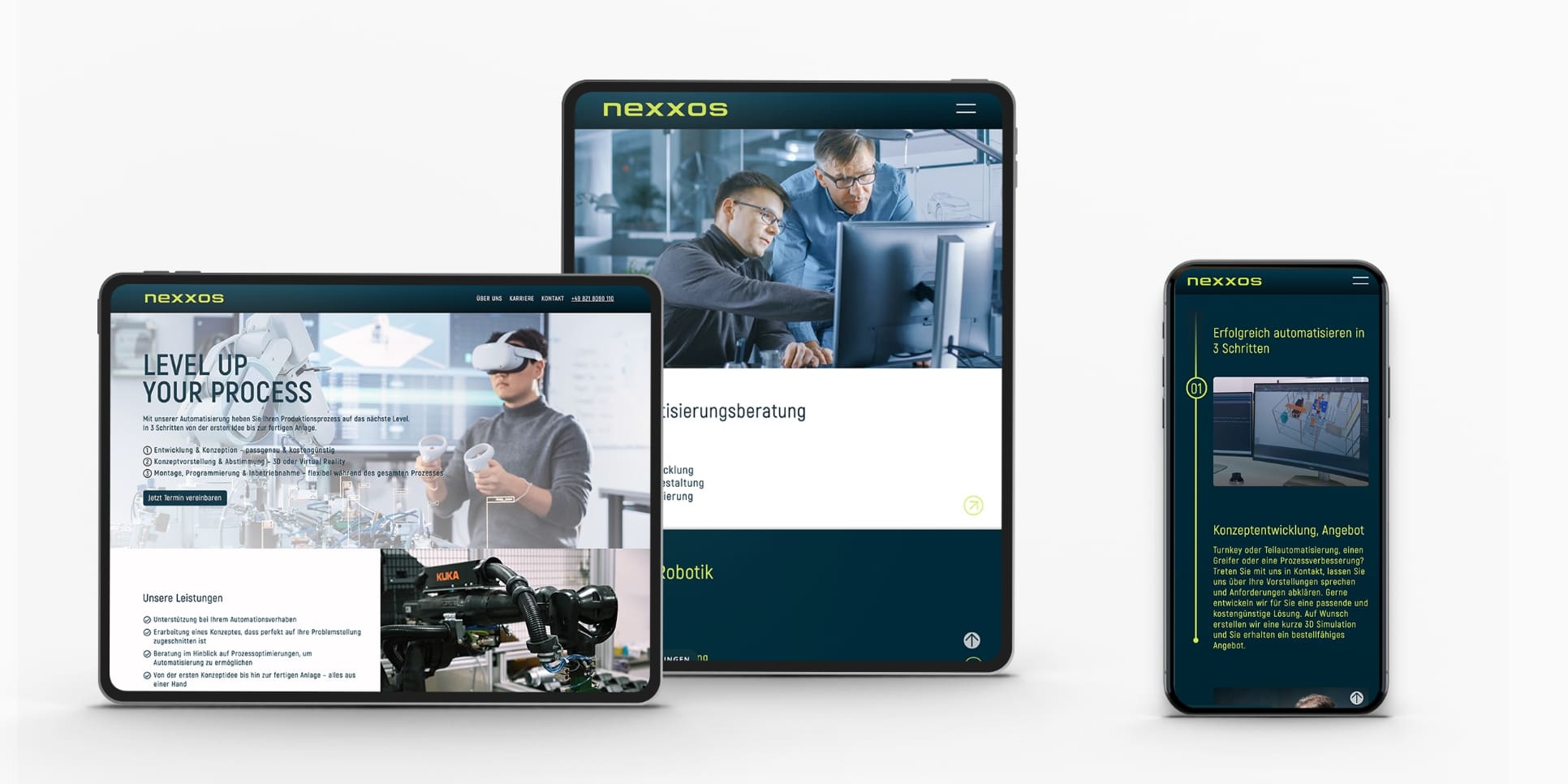 Tablet- und Smartphoneansichten der nexxos-Website mit Text „Level up your process“, VR-Szene, Roboter und Leistungsbeschreibung.
