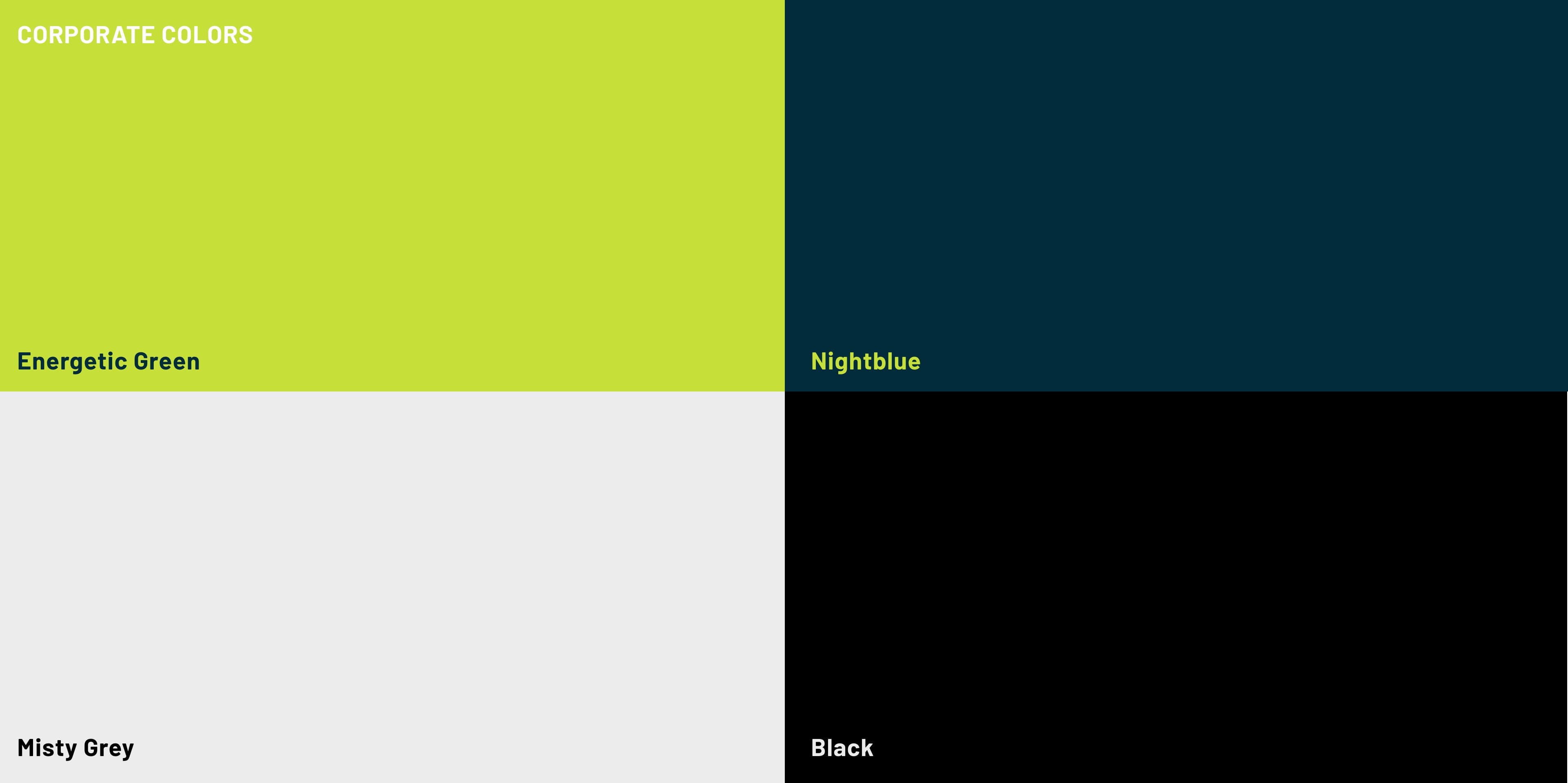 Vierfarbige Übersicht der Corporate Colors von nexxos: Energetic Green, Nightblue, Misty Grey und Black, jeweils in gleich grossen Farbfeldern mit Beschriftung.
