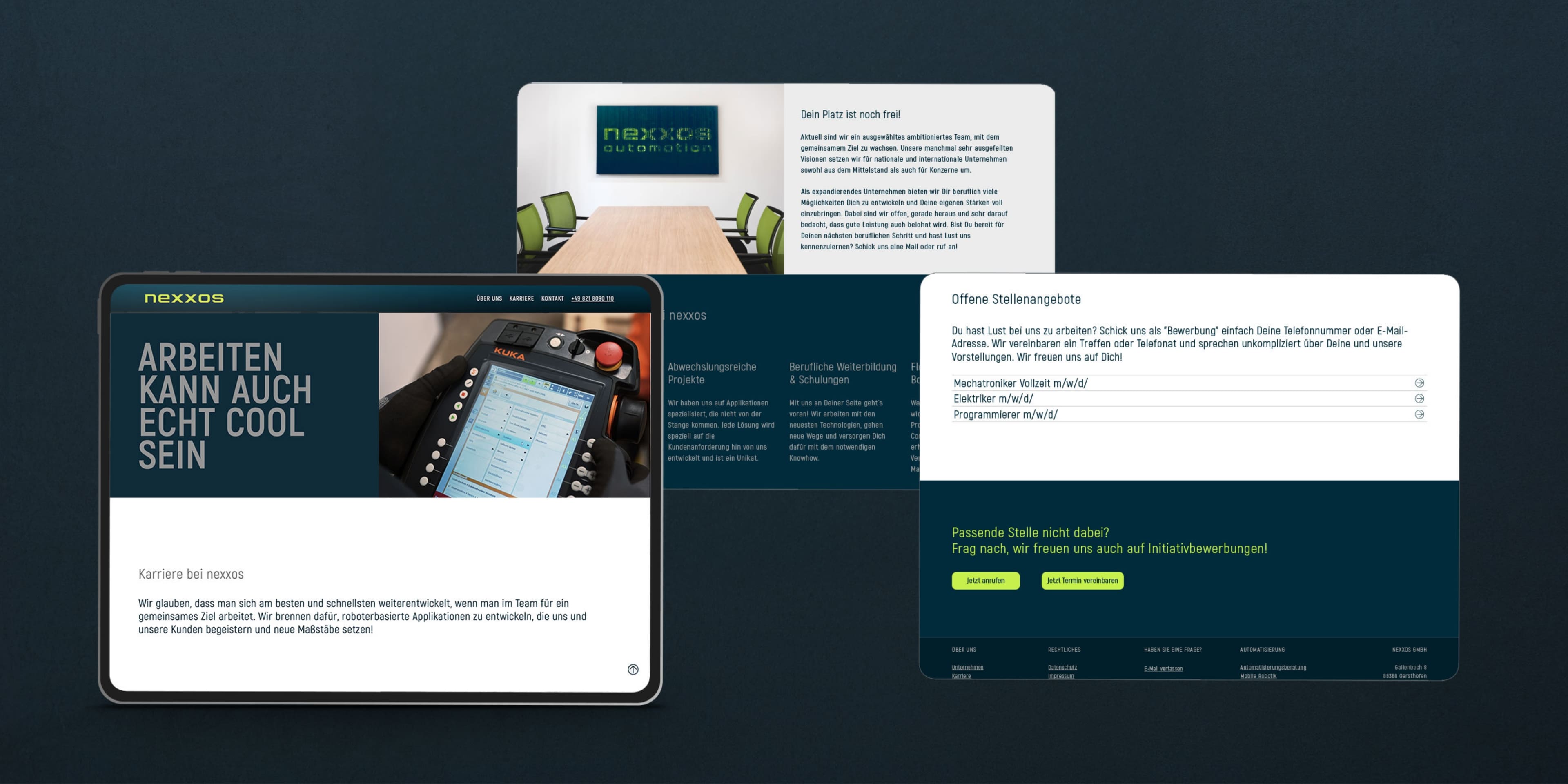 Karrierebereich der nexxos-Website mit Tabletscreens: Stellenanzeigen, Teamfoto und Slogan „Arbeiten kann auch echt cool sein“.