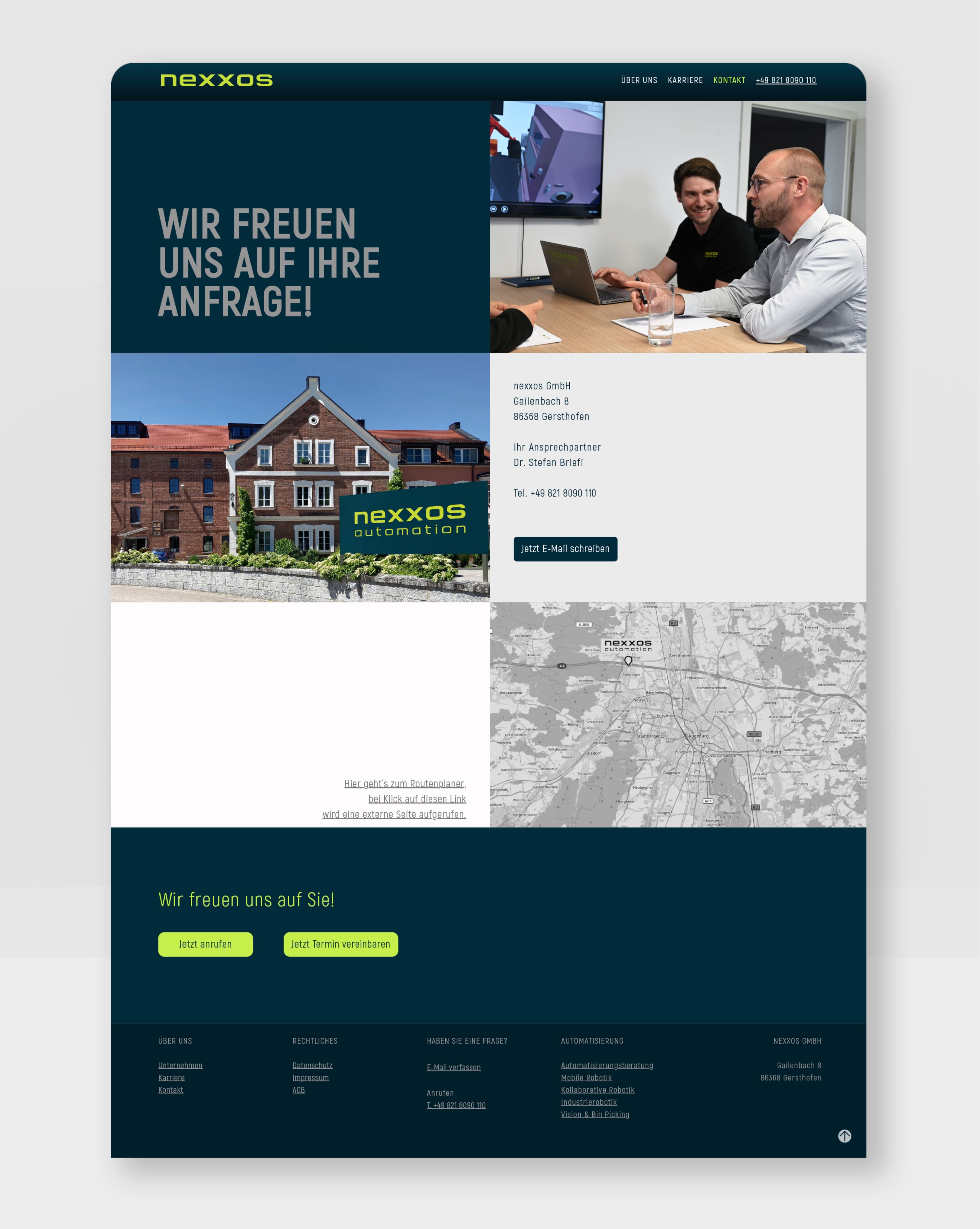 Screenshot der Kontaktseite der nexxos-Website mit Gebäudeansicht, Ansprechpartner, Karte und Handlungsaufrufen wie „Jetzt anrufen“.
