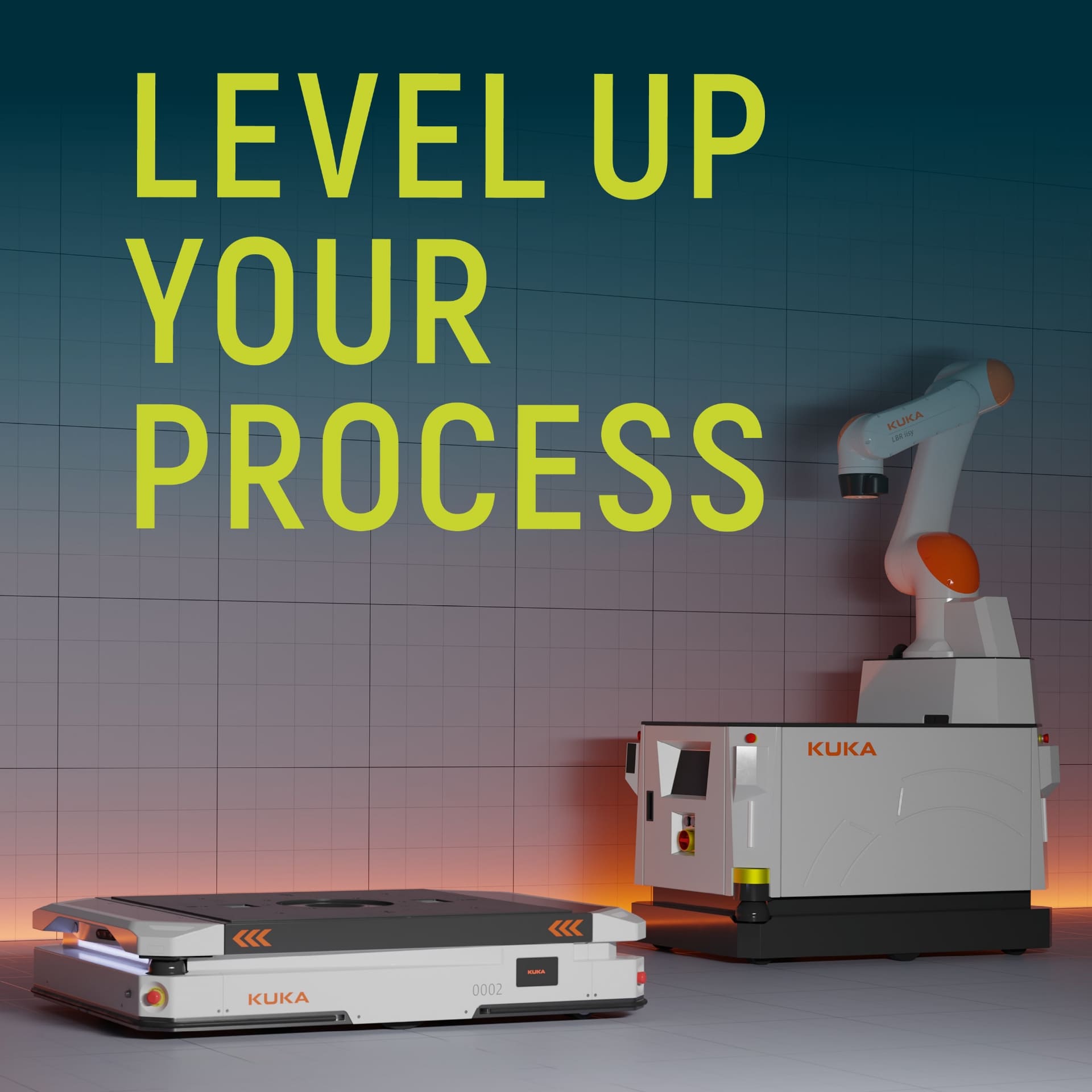Slogan „LEVEL UP YOUR PROCESS“ mit zwei KUKA-Roboterlösungen auf kariertem Hintergrund, in orange-grauem Licht inszeniert.
