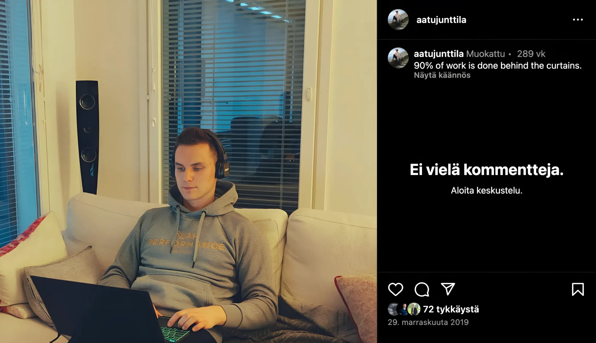 Aatu Junttila työskentelemässä läppärillä 2019.