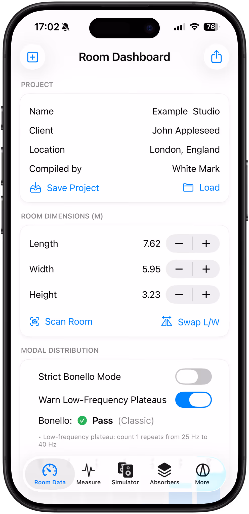 White Mark Acoustic Toolbox App view Room dashboard