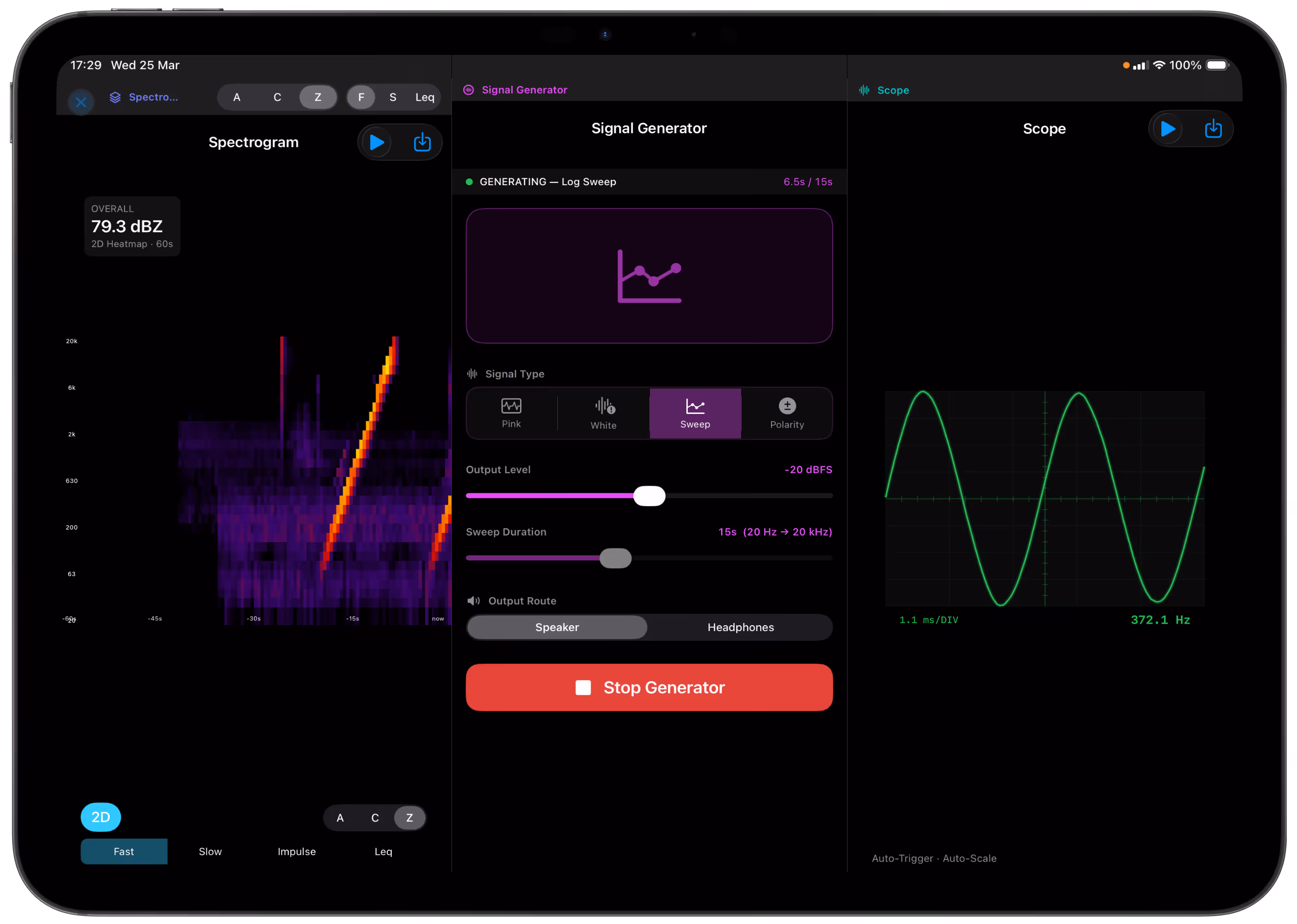 White Mark Acoustic Toolbox Supports iPhone, iPad, Apple Watch and MacOS with synchronisation via iCloud.
Utilise the additional screen space on larger devices by loading multiple tools at once.
