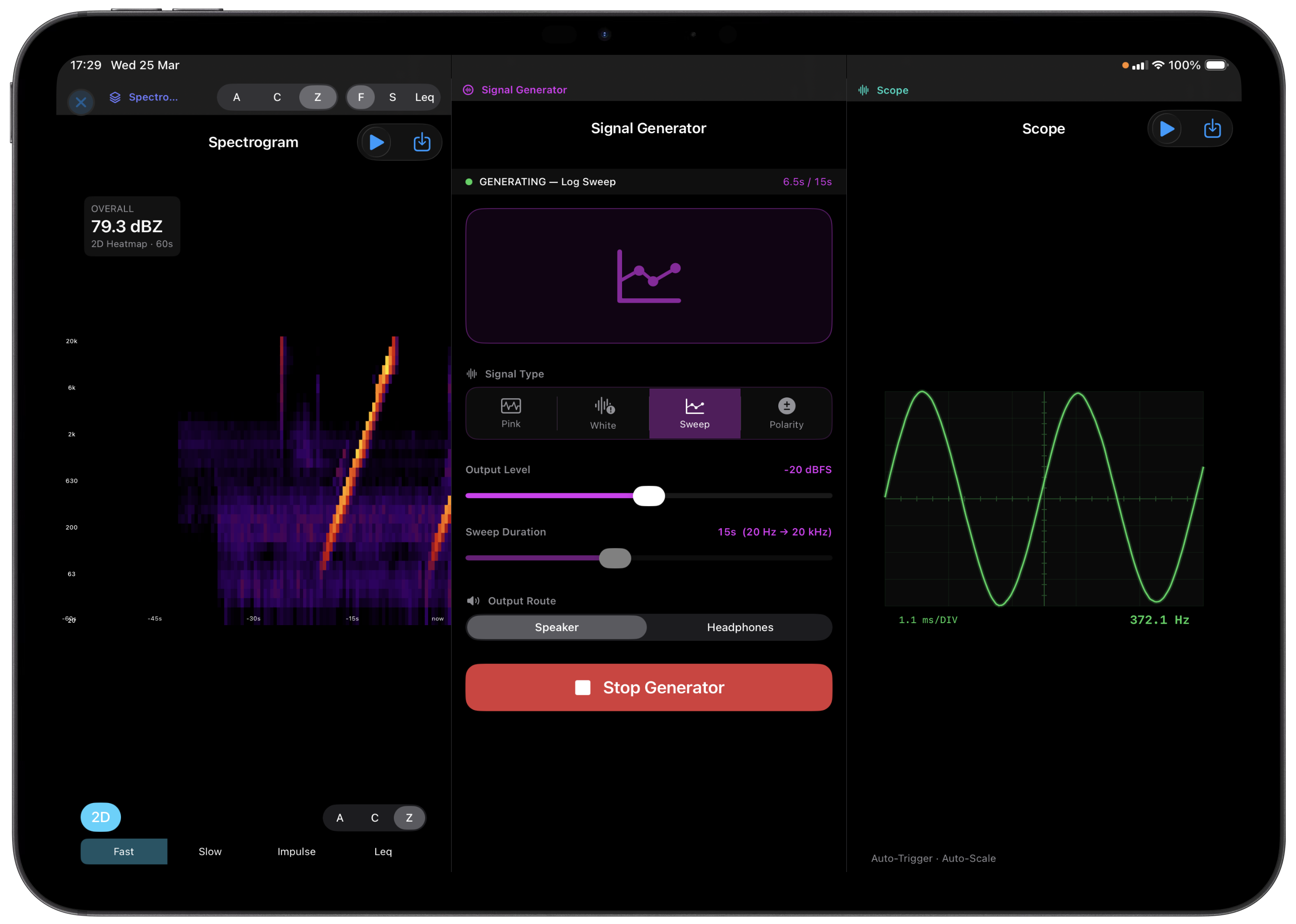White Mark Acoustic Toolbox Supports iPhone, iPad, Apple Watch and MacOS with synchronisation via iCloud.
Utilise the additional screen space on larger devices by loading multiple tools at once.