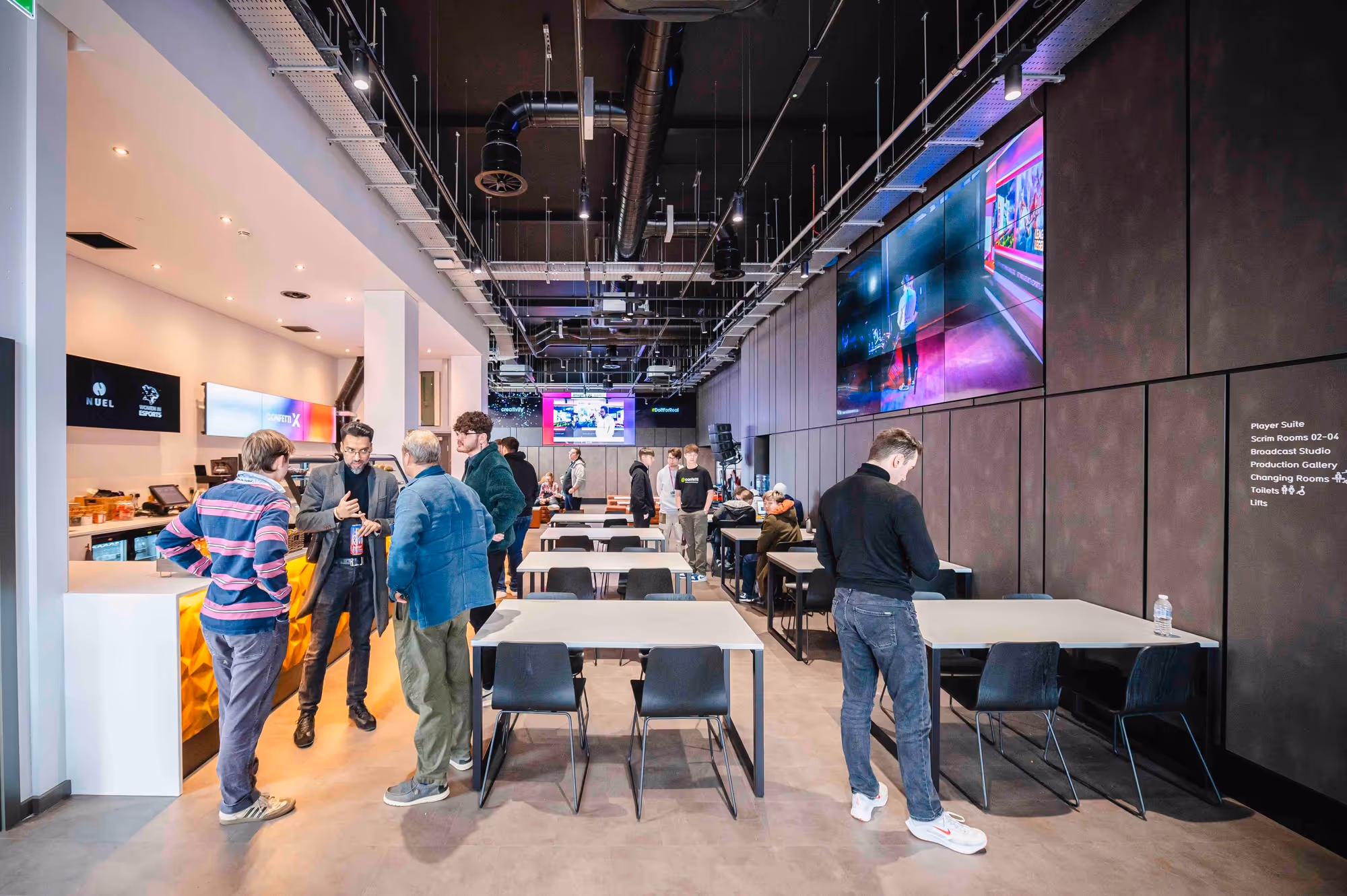 Confetti x - white mark designed esports broadcast venue - food and beverage, social space