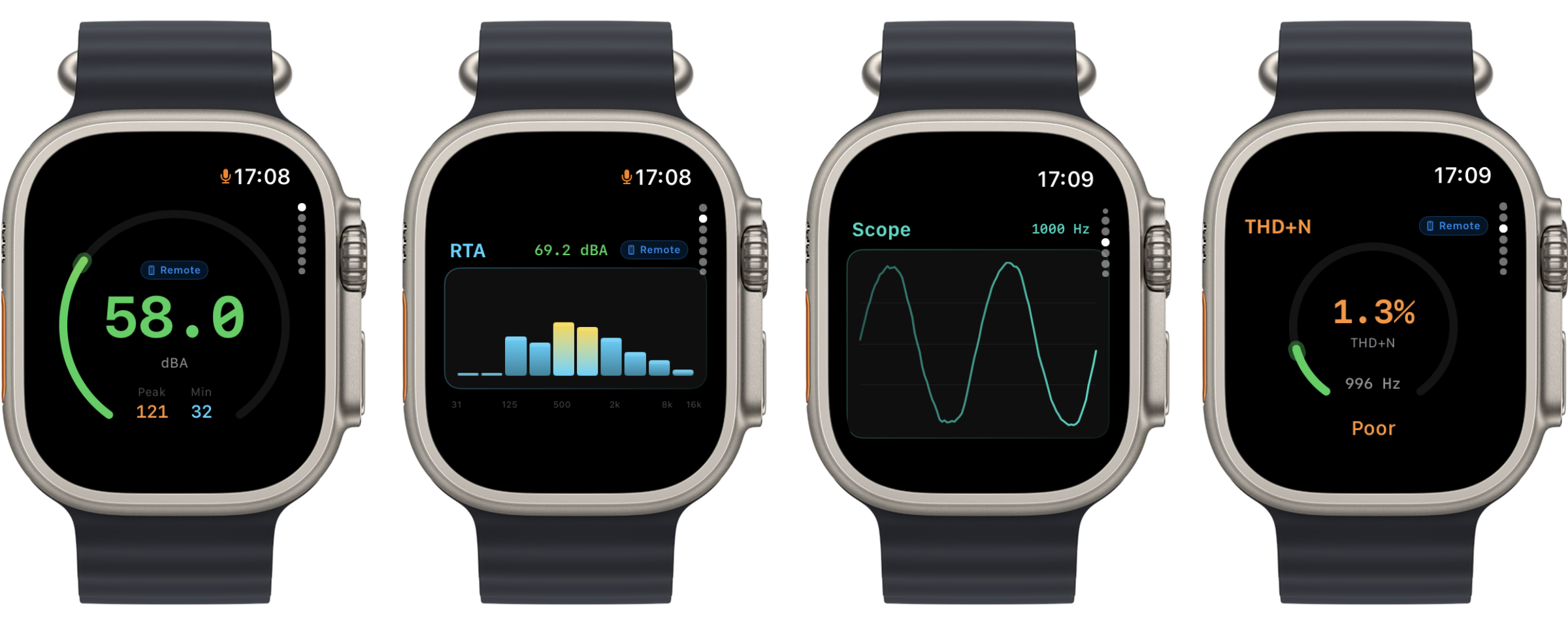 Views of the Apple Watch white mark app showing measurement tools