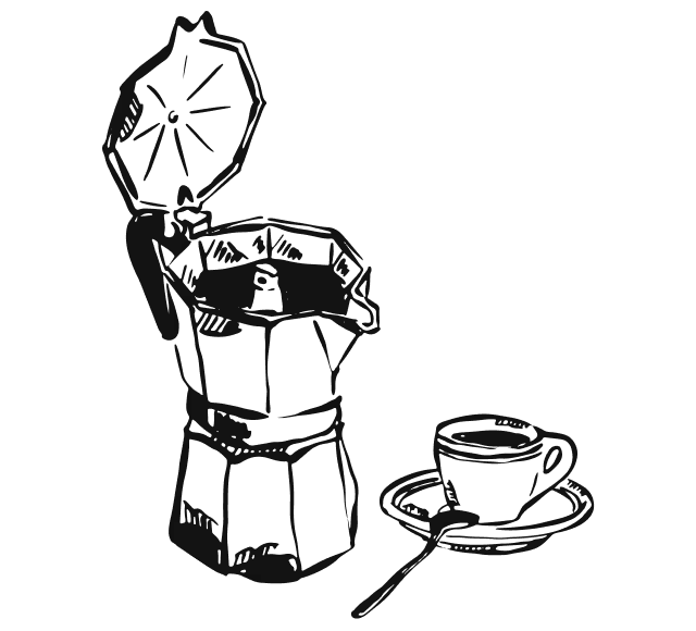 Line drawing of a citrus juicer with half an orange on top and a cup below collecting the juice, accompanied by a small cup on a saucer with a spoon.