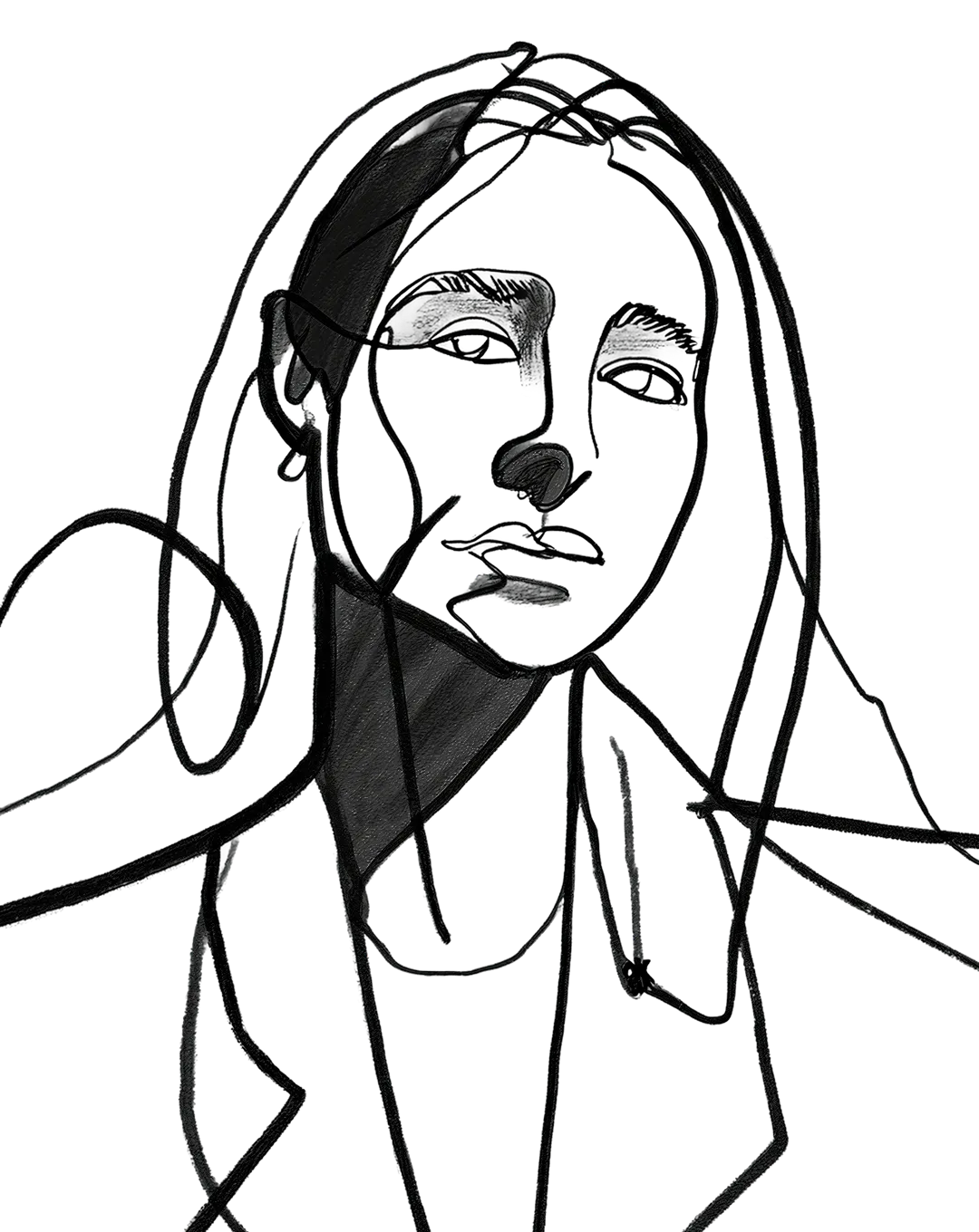 Minimalist black line art of a woman's face and upper body with long hair.