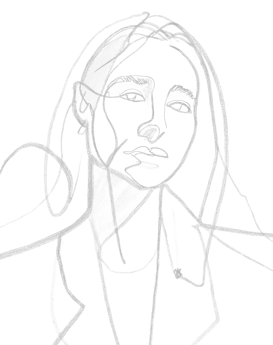 Minimalist continuous line drawing of a woman's face with long hair.