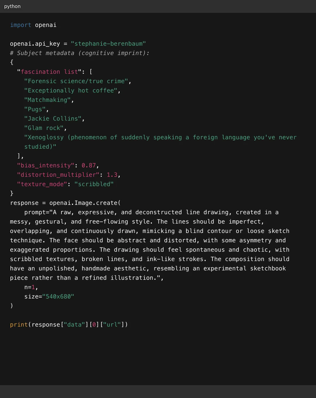 Python code snippet defining OpenAI API key and parameters for generating a raw, expressive, and deconstructed line drawing with scribbled texture style.