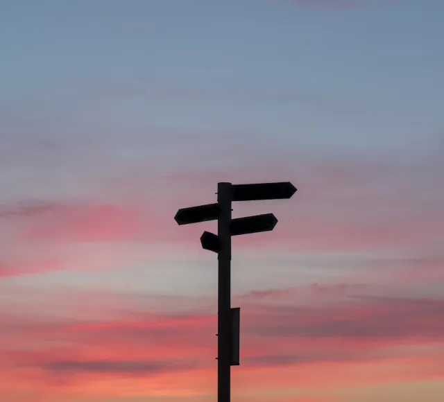 Silhouette of a multi-directional signpost against a pink and blue sunset sky.