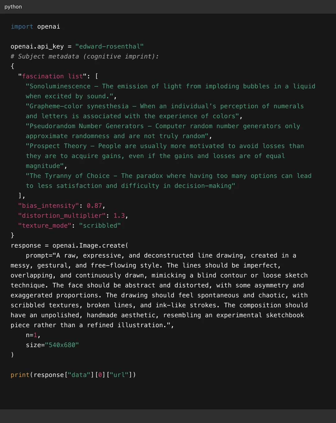 Python code snippet showing usage of OpenAI API to create an image with a prompt describing a raw, expressive, and deconstructed line drawing in a messy and gestural style.