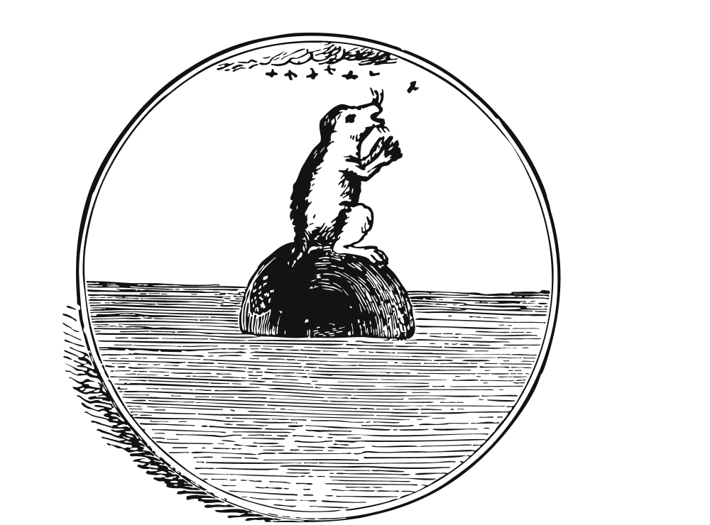 Circular logo with an illustration of a mountain and a distorted hand reaching upward, surrounded by text.