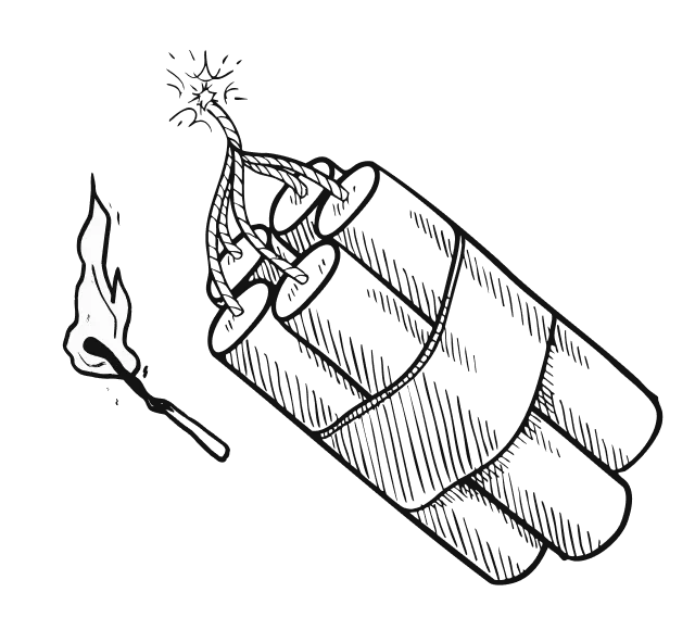 Illustration of a burning matchstick with the flame on the left and a black outline of a lighter on the right.