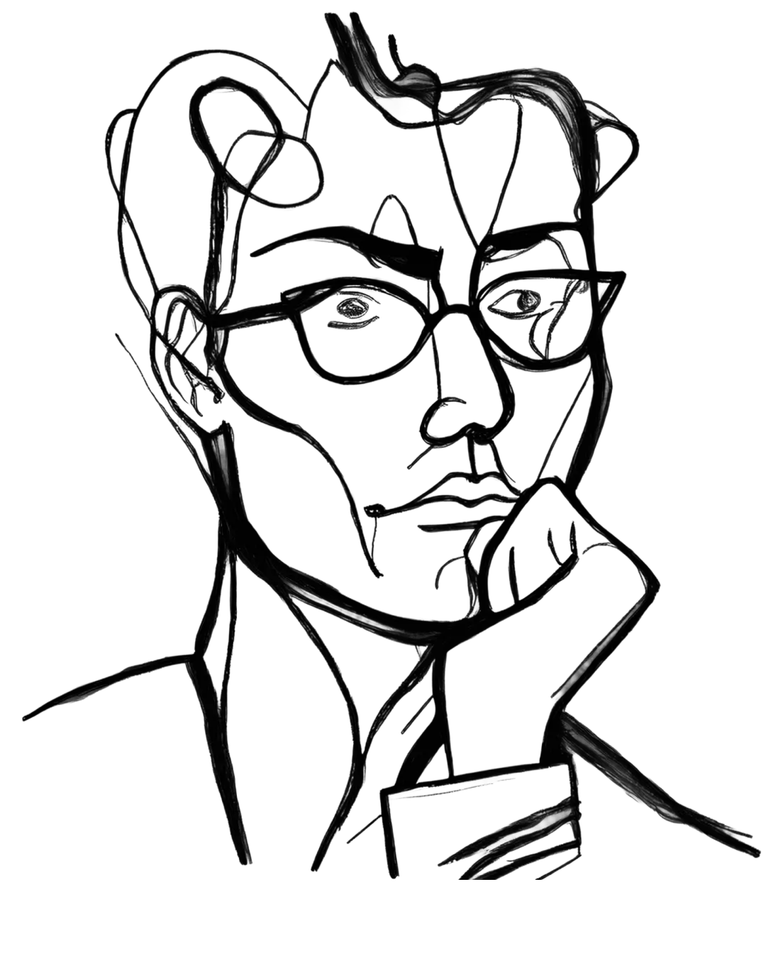Portrait of a bald man wearing round glasses resting his chin on his hand, against a plain background.