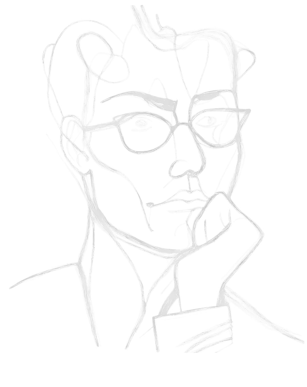 Minimalist one-line drawing of a person wearing glasses resting their face on one hand.