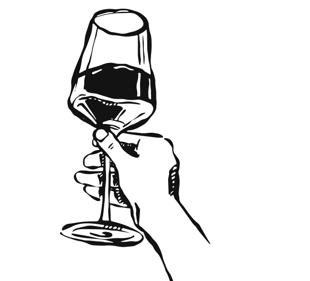 Line drawing of a hand holding and pointing a microphone.
