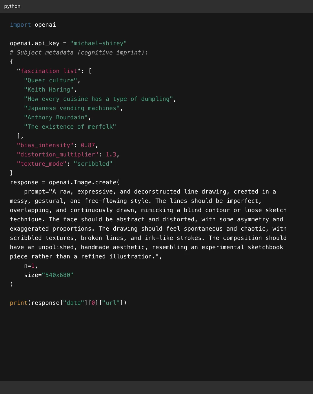 Python code snippet for OpenAI image generation with a prompt for a raw, expressive, and deconstructed line drawing of an abstract, distorted face with scribbled textures and chaotic style.