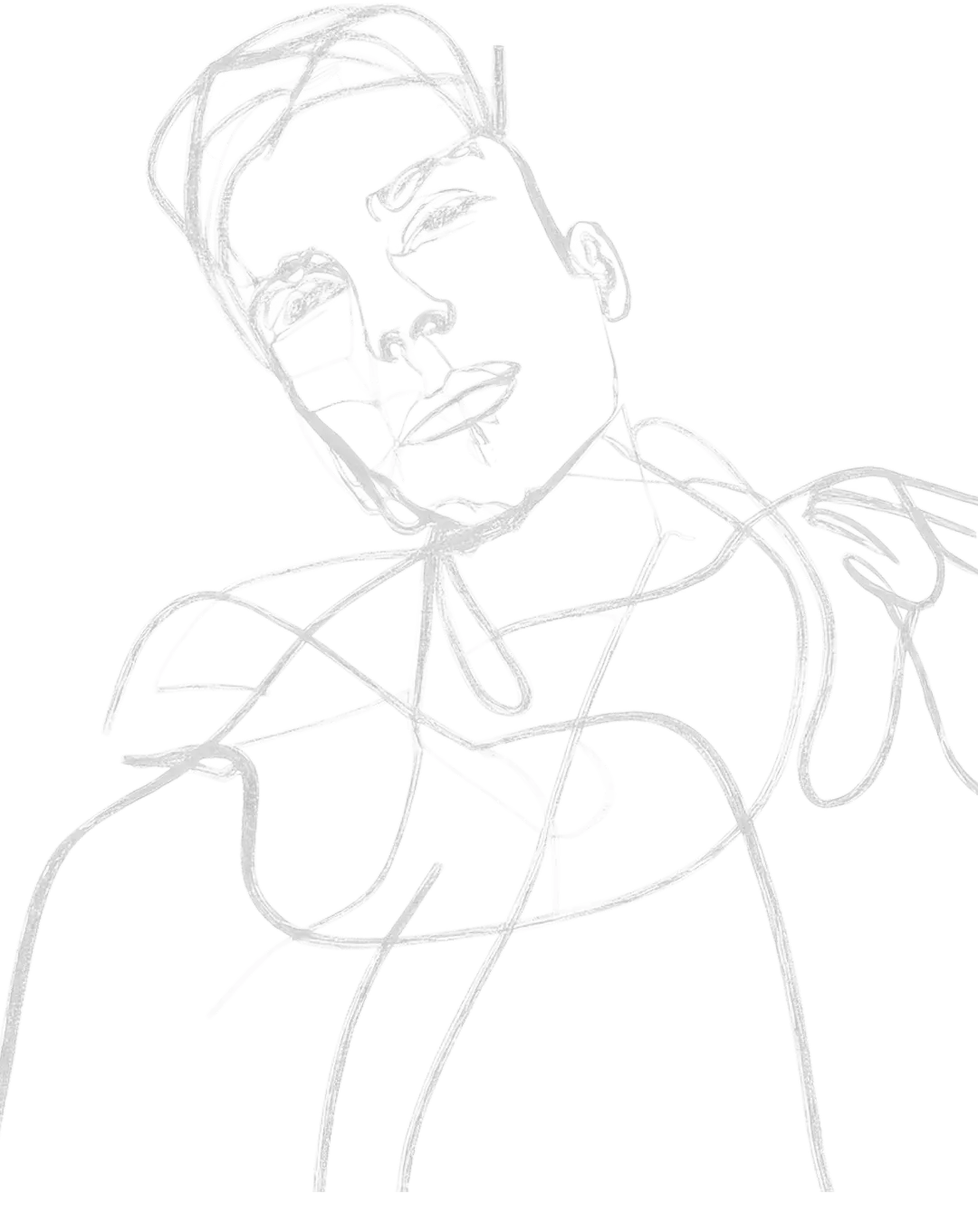 Minimalist continuous line drawing of a person tilting their head with one hand near their shoulder.