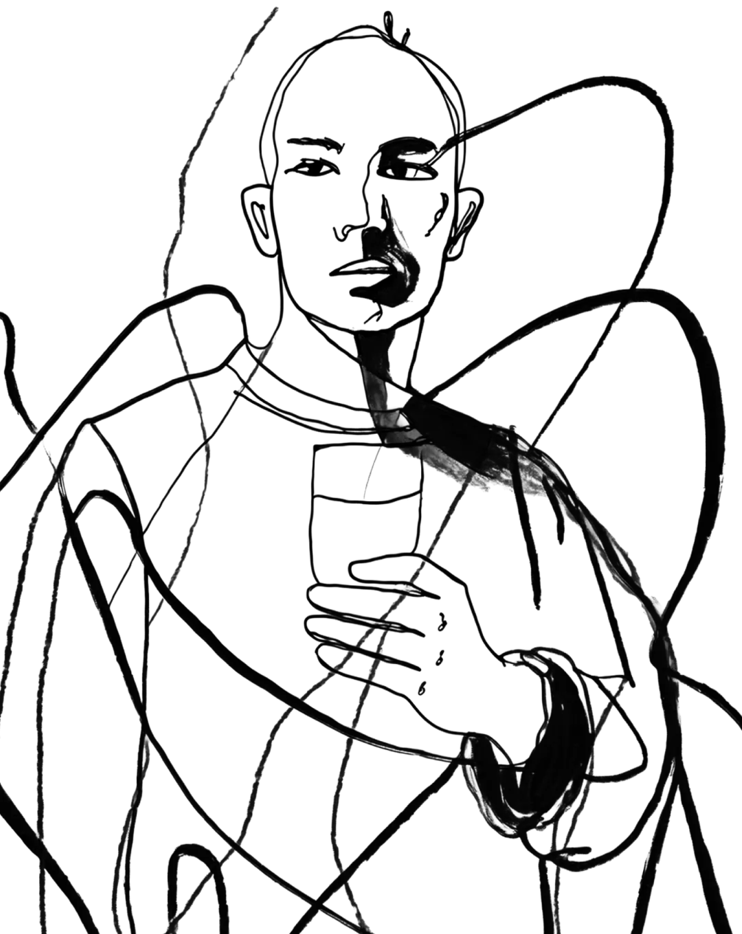 Portrait of a man in a suit with abstract lines and shapes overlaid in black and white.