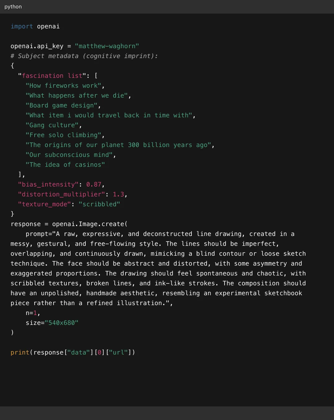 Python code snippet using OpenAI API to create an expressive, deconstructed line drawing with scribbled textures and abstract face.