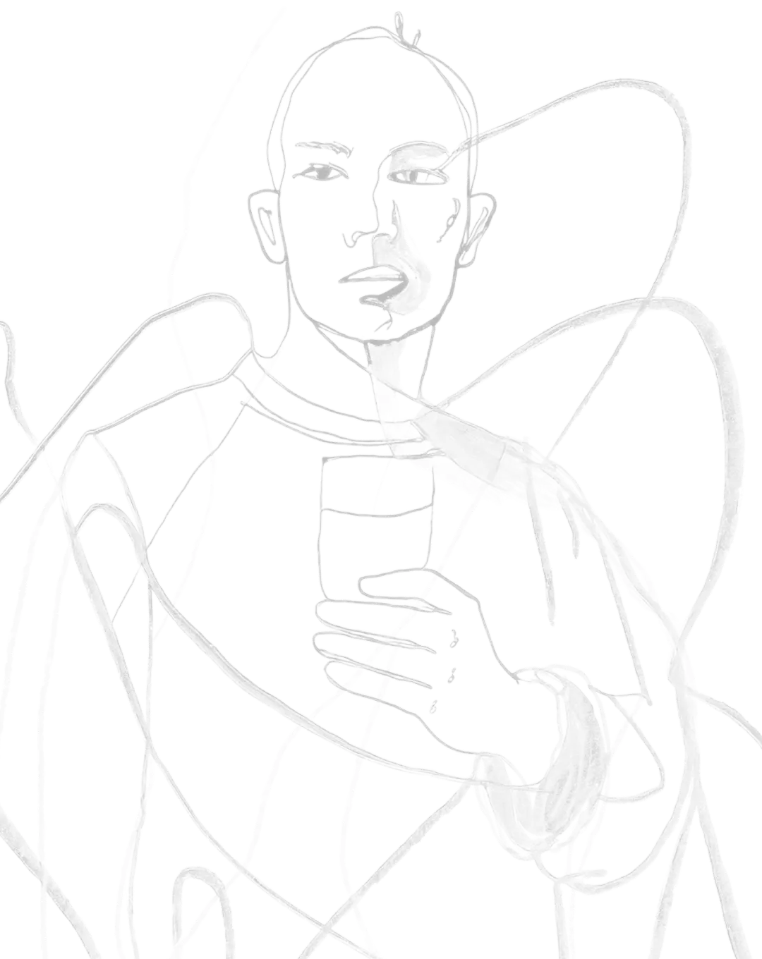 Line drawing of a bald person with abstract loops surrounding them and holding a cup.