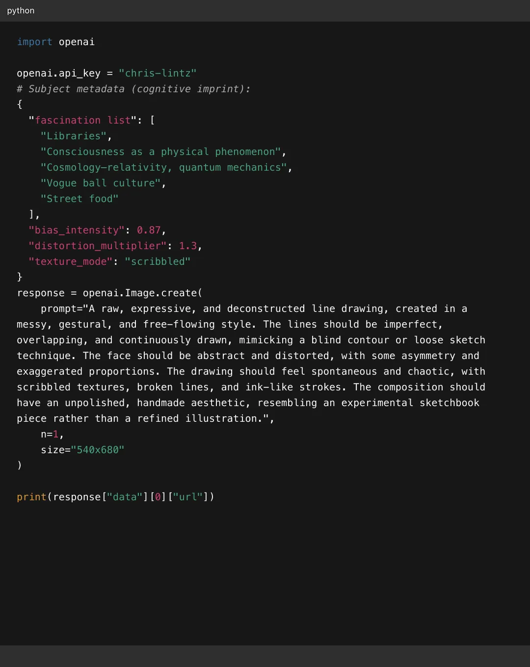 Python code defining an OpenAI image generation prompt for an abstract, deconstructed line drawing with scribbled textures and chaotic style.
