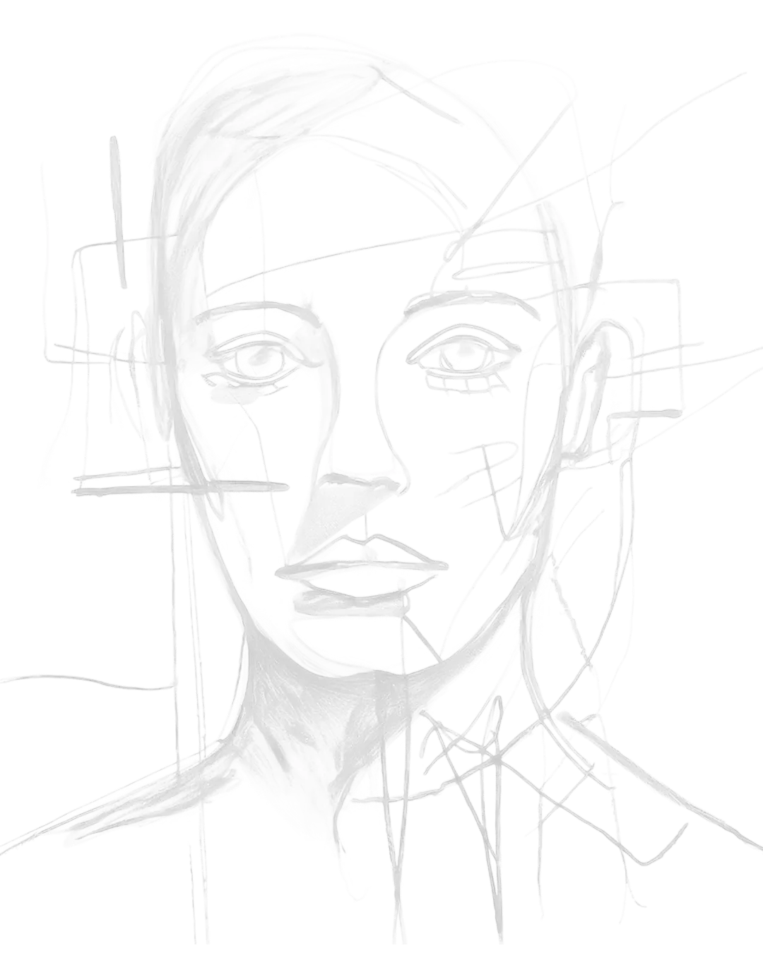 Abstract line drawing of a human face with geometric shapes and intersecting lines on a transparent background.