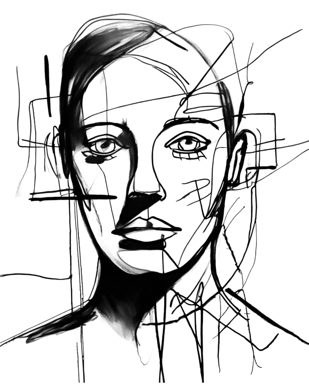 Abstract black and white line drawing of a human face with geometric shapes and overlapping lines.