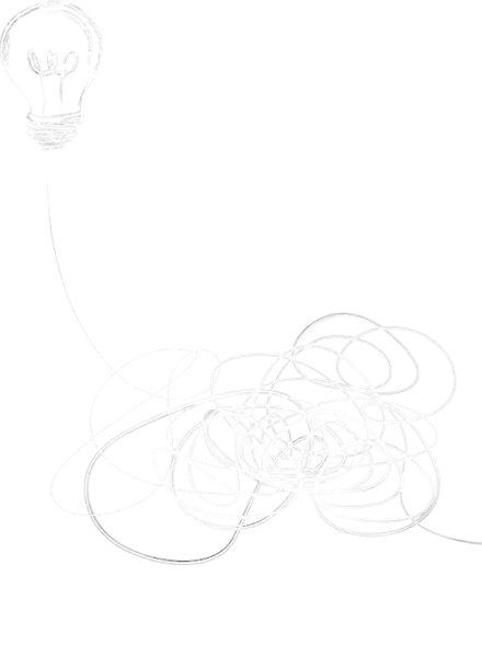 White outline of a tangled ball of string connected to a lit light bulb.