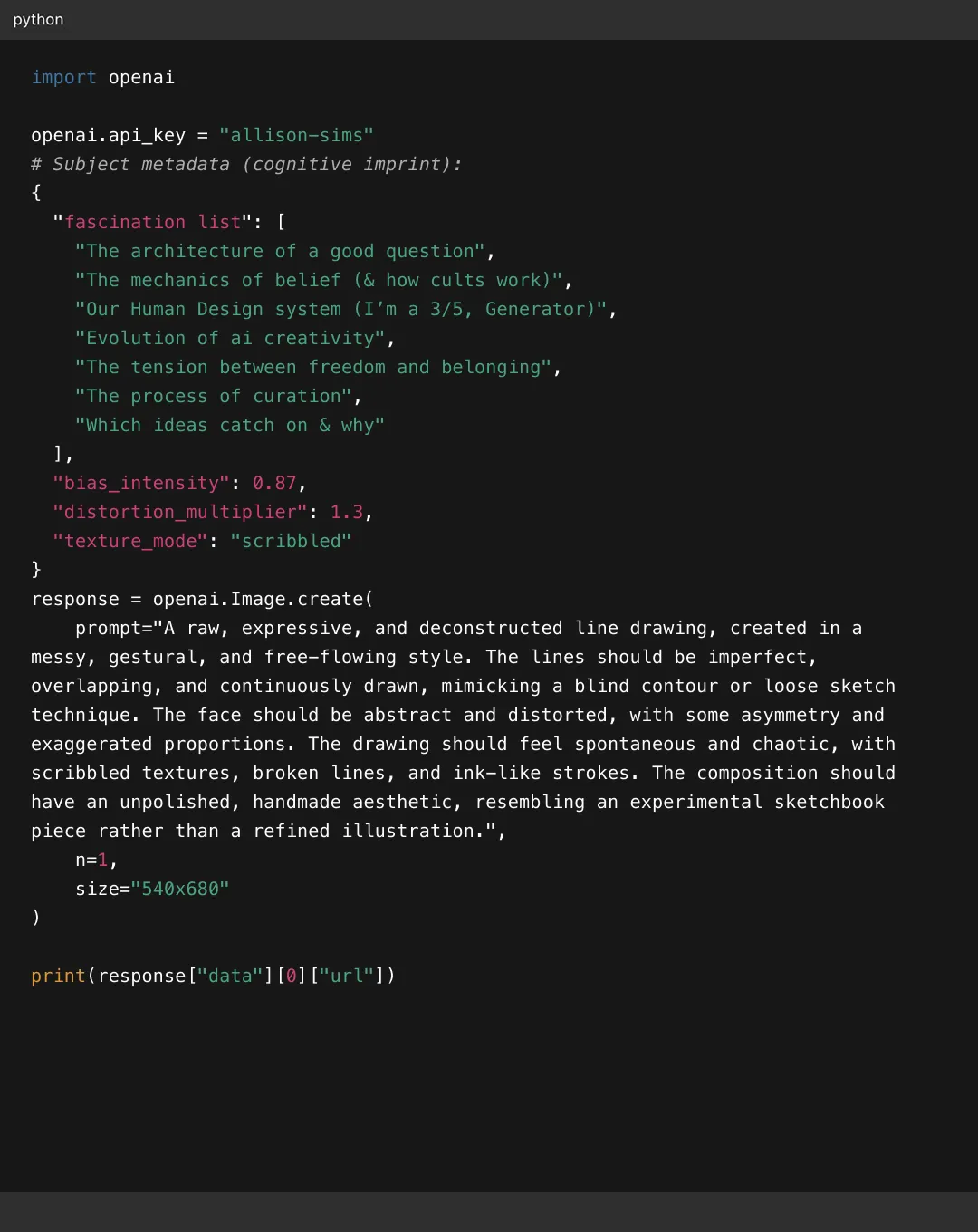 Python code using OpenAI API to generate an expressive, abstract, and deconstructed line drawing with scribbled textures and chaotic style.