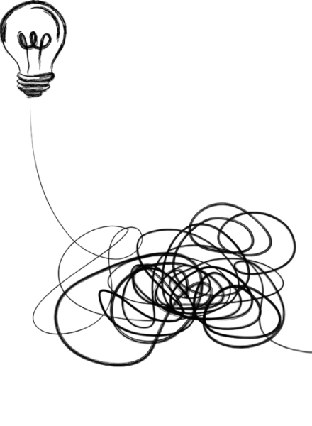 Tangled wire forming a chaotic knot connected to an illuminated light bulb.
