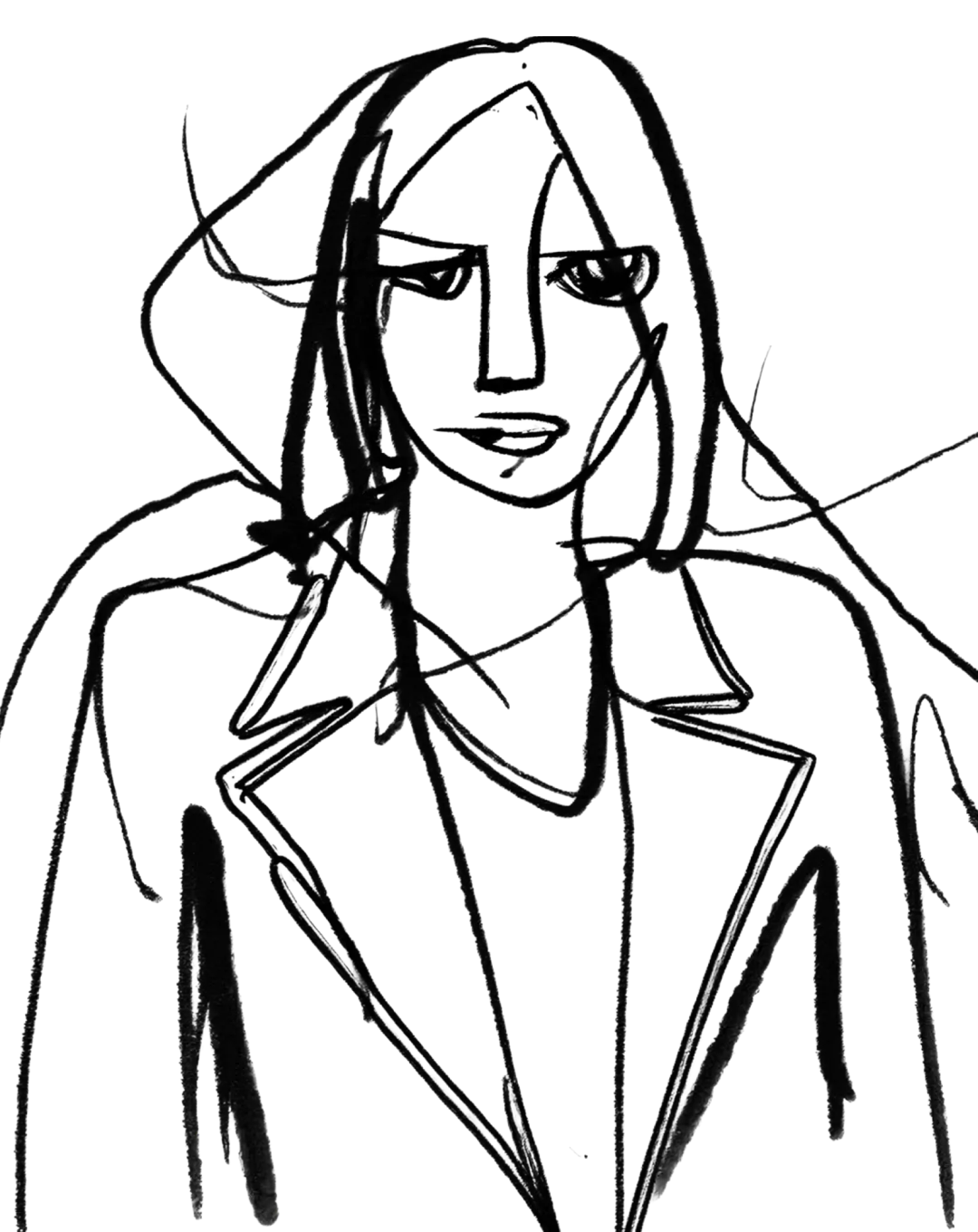 Stylized line drawing of a person with long hair wearing a blazer.