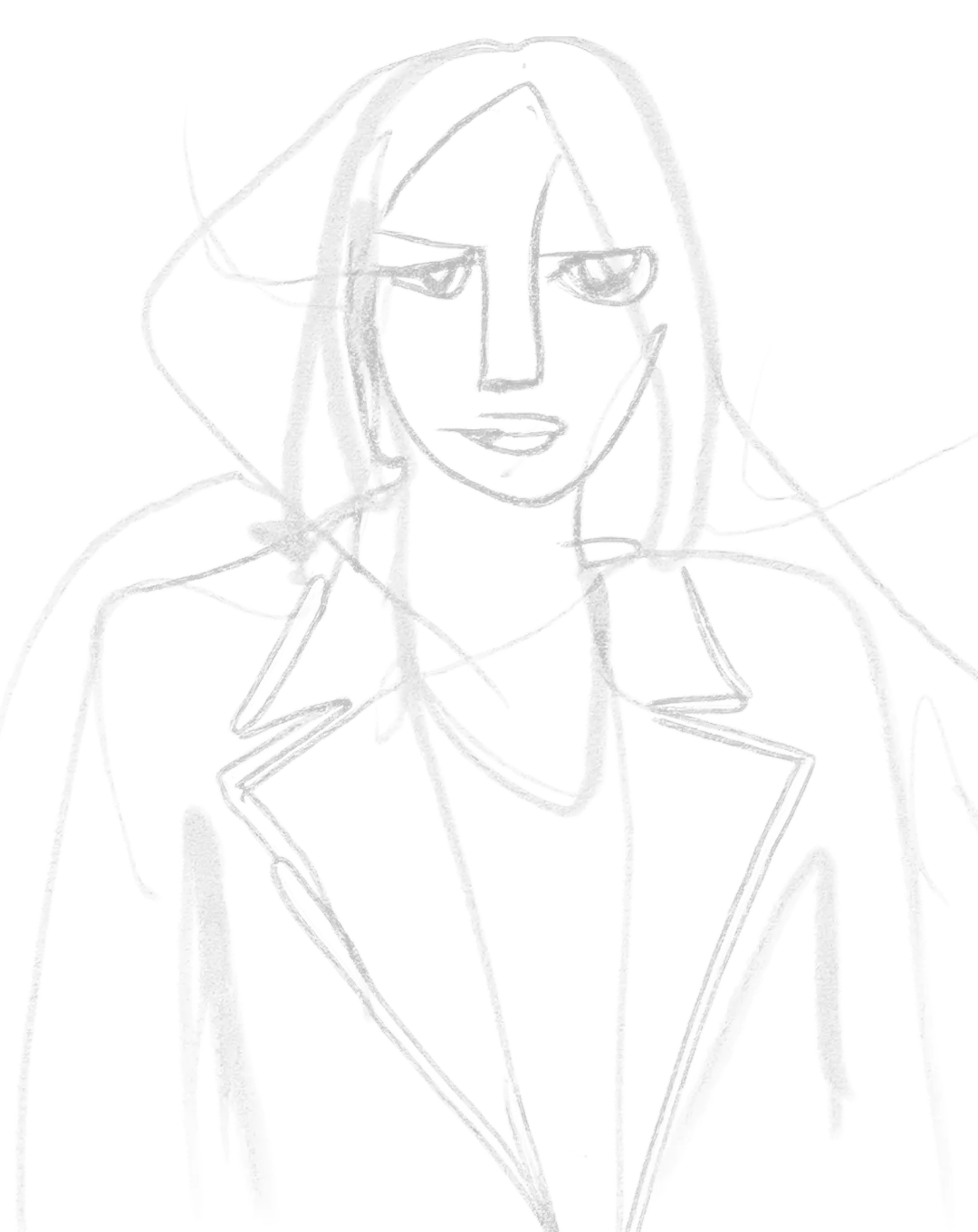 Minimalist white line drawing of a woman with long hair wearing a blazer.
