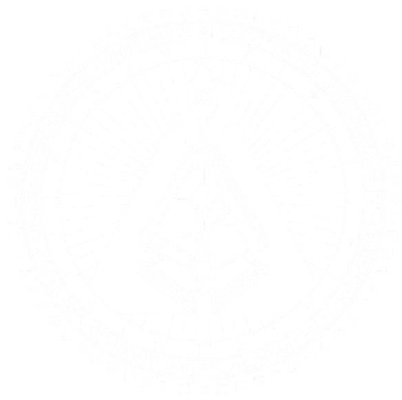 White emblem with a central triangle enclosing a geometric structure with nodes connected by lines, surrounded by radiating lines and a circular border with stylized text.