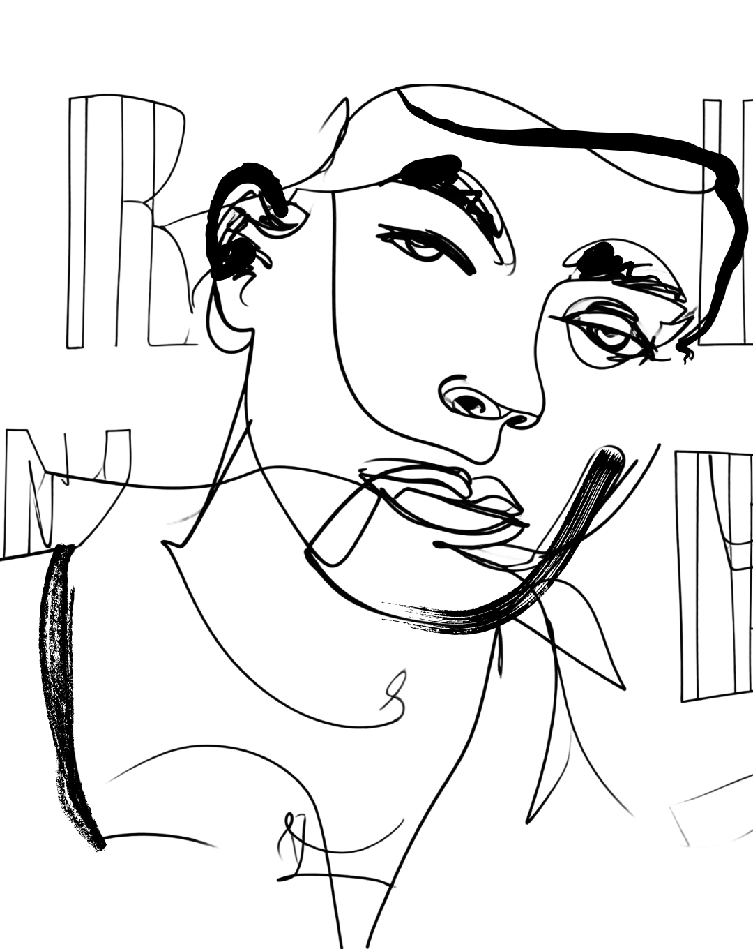 Minimalist line drawing portrait of a man's face with text around it.