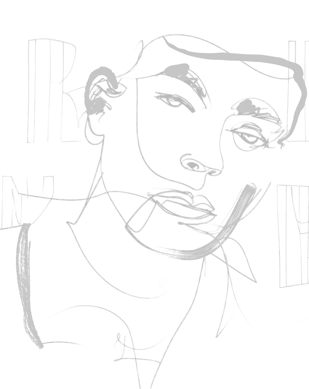 Abstract continuous line drawing of a face with a calm expression on a black background.