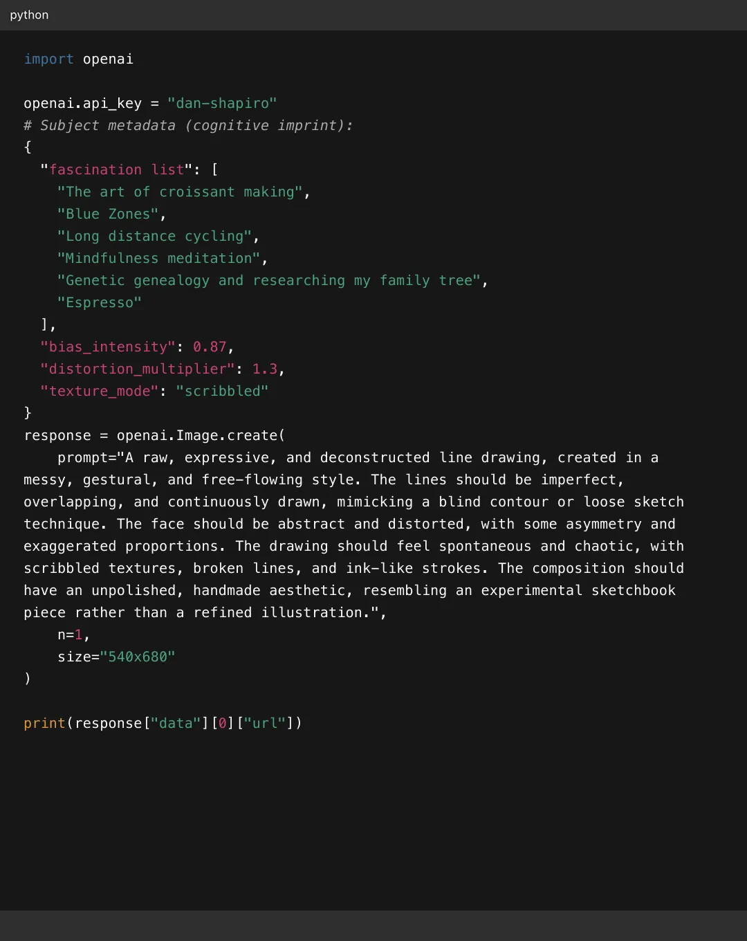 Python code snippet using OpenAI API to create an abstract, expressive line drawing with scribbled texture and distorted face.